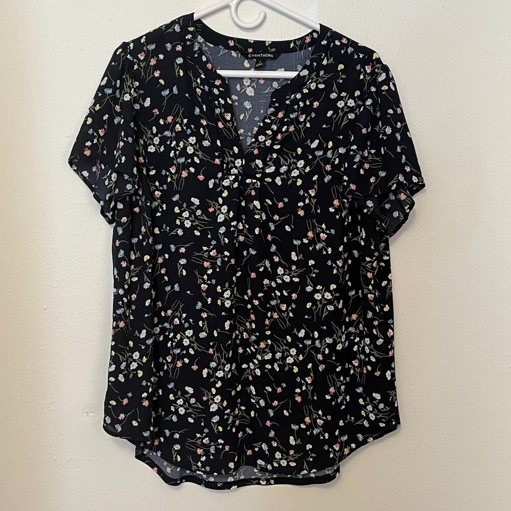 41 Hawthorn Blouse Short Sleeve Black with Flowers Size 1X Women's